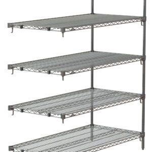 The Metro Super Adjustable Super Erecta 5AA317C 5-Shelf Industrial Wire Shelving Add-On Unit in chrome measures 18 x 24 x 74, with adjustable tiers and supports. Note: Actual dimensions may vary from the product shown.