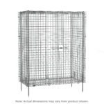 The chrome wire mesh cage is sturdy with a rectangular shape, standing on four legs. It has a double-door front with a central latch for secure access, and its dimensions are perfectly matched to the Metro SEC35C Super Erecta Stationary Security Shelving Unit at 21.5 x 50.5 x 66.8125.