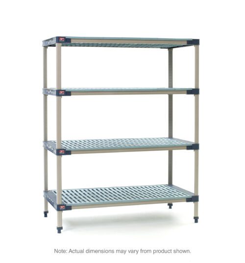 a4684qyvpdmzyaakwpkyaxjkmageprdx.jpg Against a white backdrop is the MetroMax 4 X566G4 4-Shelf Plastic Industrial Shelving Starter Unit, measuring 24 x 60 x 63, with four adjustable shelves, sturdy support beams, and adjustable feet. A note indicates dimensions may slightly vary from the product shown.