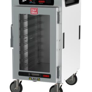 The Metro HBCN8-DC-M HotBlox is an insulated mobile holding cabinet with a glass front door revealing multiple shelves, a digital touchscreen controller, 875W power, and includes a NEMA 5-15P plug for seamless operation.