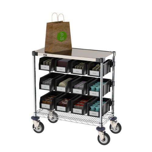 The Metro CR1430CC Condiment Cart includes three metal shelves with black bins labeled for utensils and condiments. A To Go brown paper bag is placed on top, and its four wheels offer easy mobility.