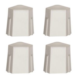 Four identical white pentagonal Metro M9997-4 Corner Adapters for MetroMax i shelving are arranged in a grid on a plain background. Each has smooth surfaces, slightly rounded edges, and comes in a bag of 4.