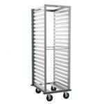 The Metro RD13NA33 End-Load Pan Rack, 23.25 x 28.5 x 69.75, features open sides, a metallic design with slots and 1.5 slide spacing, four wheels, and a gray continuous bumper for easy access to stored items.