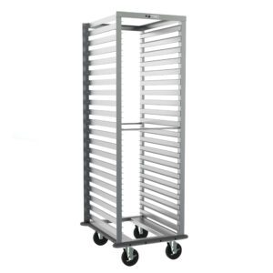 The Metro RD13NA33 End-Load Pan Rack, 23.25 x 28.5 x 69.75, features open sides, a metallic design with slots and 1.5 slide spacing, four wheels, and a gray continuous bumper for easy access to stored items.