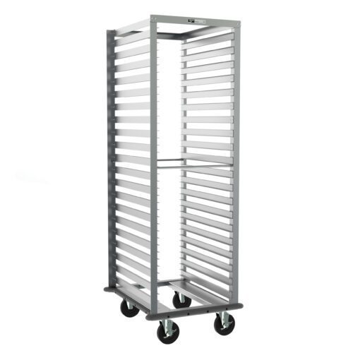 aa8trvt5s5ie1qws3r99lmyp93po3as8.jpg The Metro RD13NA33 End-Load Pan Rack, 23.25 x 28.5 x 69.75, features open sides, a metallic design with slots and 1.5 slide spacing, four wheels, and a gray continuous bumper for easy access to stored items.