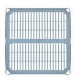 The MetroMax i MX2424G 24 x 24 gray plastic shelf features four beveled corners, integrated side handles, a slightly raised edge, and a durable grid pattern for efficient stacking and transport.