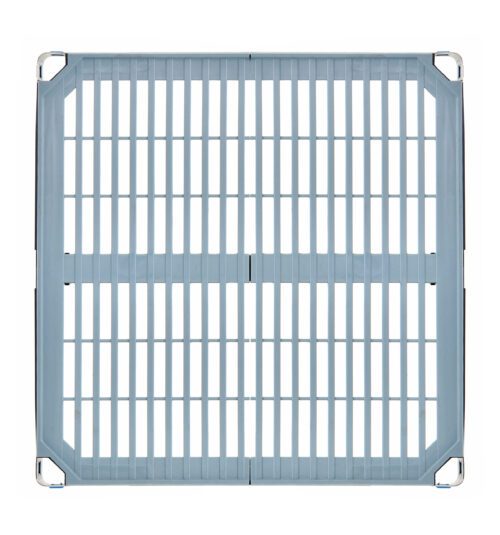 The MetroMax i MX2424G 24 x 24 gray plastic shelf features four beveled corners, integrated side handles, a slightly raised edge, and a durable grid pattern for efficient stacking and transport.