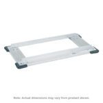 The Metro D2424SCB Truck Dolly, designed for 24 x 24 shelving, features a sturdy stainless steel frame with corner casters and protective dark gray bumpers for easy movement of heavy items. Note: Dimensions may vary slightly.