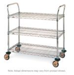 The Metro MW701 MW Series Utility Cart features three chrome wire mesh shelves, measures 18 x 24 x 38, and includes four large black swivel wheels with dual handlebars for easy maneuverability. Note: Actual dimensions may vary from product shown.