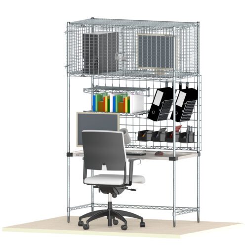 A modern workspace includes the Metro CR2448MGR Managers Station desk with a computer and ergonomic chair. Shelving above accommodates files, folders, and books, while wireframe cages around the top shelves add an industrial feel to the setup.