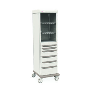 The Metro SXRS76CMHD2 Starsys Mobile Supply Cabinet is a tall, gray medical storage cart featuring wheels, multiple drawers, and open shelving. Its clean, minimalist design ensures efficient organization of medical supplies.
