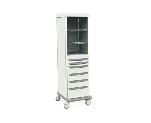 The Metro SXRS76CMHD2 Starsys Mobile Supply Cabinet is a tall, gray medical storage cart featuring wheels, multiple drawers, and open shelving. Its clean, minimalist design ensures efficient organization of medical supplies.