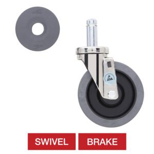 The image shows a Metro 5MESD 5 conductive swivel stem caster with a non-marking wheel tread and metal fixture. Above it is a separate circular gasket, while two red buttons labeled SWIVEL and BRAKE are at the bottom, perfect for Super Erecta industrial wire shelving racks.