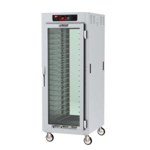 The Metro C589-SFC-UPFC C5 8 Series Insulated Pass-Thru Holding Cabinet features a full-height clear door, universal wire slides, operates at 120V/60Hz/2000W, and is mobile with a left-side metallic handle for easy maneuvering.