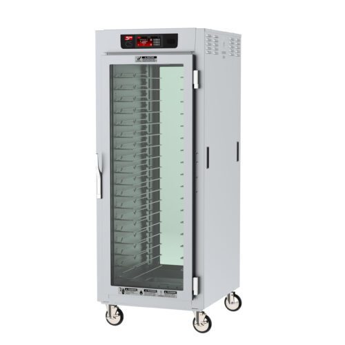 The Metro C589-SFC-UPFC C5 8 Series Insulated Pass-Thru Holding Cabinet features a full-height clear door, universal wire slides, operates at 120V/60Hz/2000W, and is mobile with a left-side metallic handle for easy maneuvering.
