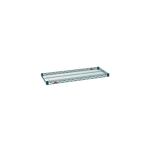 The 14 x 36 Metro Super Erecta 1436NK3 Industrial Wire Shelf in Metroseal Green Epoxy, featuring a rectangular grid and raised short edges, is perfect for storage with its functional and durable green finish.