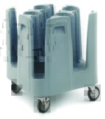 The Metro PCD5 Poker Chip Dish Dolly for 5 Plates, made from durable gray plastic, includes multiple vertical slots and sits on four swivel caster wheels for convenient movement, showcased against a plain white background.