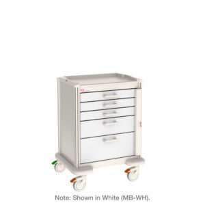 The Metro MBP3110TB Basix Plus General Use Medical Cart is a white, multi-drawer unit on four wheels with a flat top. It features five drawers with handles and has small orange and green wheel locks for safety.