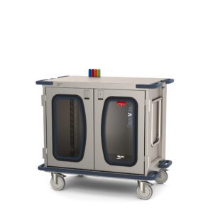 The Metro CaseVue CV36LC-NBFH Surgical Case Cart is perfect for hospitals or clinics, featuring clear doors, color flags for organization, multiple compartments, four wheels, and a swing-up handle for easy maneuverability. Dimensions: 45.5W x 28D x 40.625H.