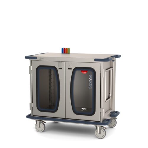 The Metro CaseVue CV36LC-NBFH Surgical Case Cart is perfect for hospitals or clinics, featuring clear doors, color flags for organization, multiple compartments, four wheels, and a swing-up handle for easy maneuverability. Dimensions: 45.5W x 28D x 40.625H.
