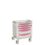 The Metro FLNK32000 Flexline Medical Cart is cream-colored with five pink drawers, four wheels, a flat top surface, and side handles for convenience.
