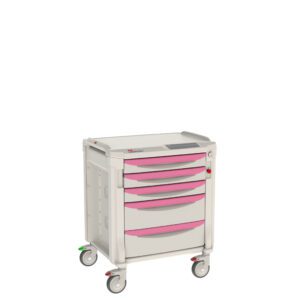 The Metro FLNK32000 Flexline Medical Cart is cream-colored with five pink drawers, four wheels, a flat top surface, and side handles for convenience.