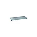 The MetroMax Q MQ1436G Plastic Industrial Shelf features a grid mat with slotted openings for organization. Measuring 14 x 36, this rectangular platform is supported by four corner legs and has small raised edges.