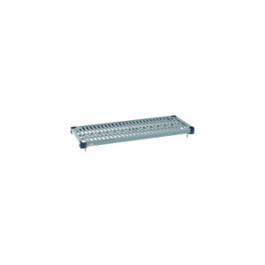 The MetroMax Q MQ1436G Plastic Industrial Shelf features a grid mat with slotted openings for organization. Measuring 14 x 36, this rectangular platform is supported by four corner legs and has small raised edges.