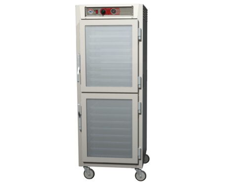 The Metro C569L-SDC-UPDSA C5 6 Series Insulated Pass-Thru Holding Cabinet is a full-height, industrial food warmer with Dutch clear and solid doors. It has universal wire slides, knobs and controls at the top, multiple shelves for versatile storage, and rests on four wheels.
