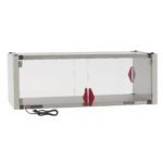 The Metro HS1848-EKIT hot enclosure kit, featuring a stainless steel heated shelf, measures 48.7 x 21.7 x 17.4. It includes transparent glass, red handles, and a black power cord for 120V operation, with warning labels to ensure safe use for displaying food items.