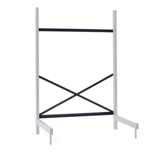 aqvx1xsk8oj8x09ksx28j47oxqwwwhsi.jpg The Metro SMB24 SmartLever Cross Brace Kit, 24 includes a metal shelving frame with two vertical beams, one horizontal beam, and diagonal cross braces in black. It features a grey finish suitable for storage or industrial use. Shelves are not included.