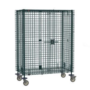 The Metro SEC55VK3 Super Erecta Mobile Security Shelving Unit features durable 27.25 x 52.75 x 68.4375 dimensions and a secure locking mechanism, crafted from green metal mesh with a sturdy frame in Metroseal Green Epoxy for added resilience.