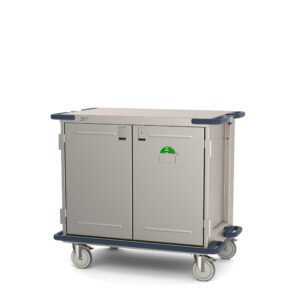 The Metro CaseVue CV36LS-NB Surgical Case Cart features solid doors, a small green rectangle on one, and blue handles. It measures 45.5W x 28D x 40.625H and has four wheels for easy movement and storage efficiency. Its color is gray.