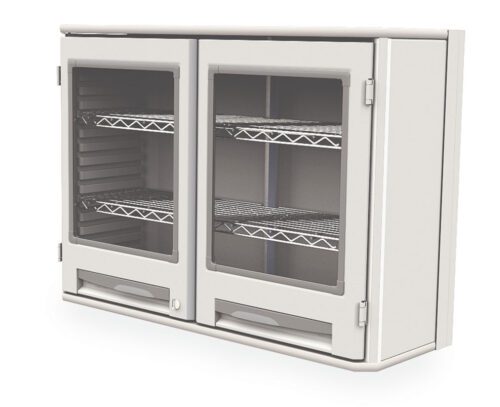 The Metro SXRDOH27W2C Starsys Overhead Cabinet features two transparent doors and multiple wire shelves. Its industrial design is ideal for commercial use, blending a sleek, minimal look with practical functionality.
