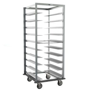 The Metro RD27NA33A120 Tray Pan Rack, 29x31x70.25, features a robust metallic frame on wheels, multiple shelves, and a sleek gray bumper. Its open design and 6 slide spacing make it perfect for busy kitchens or bakeries.