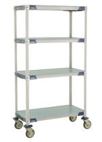 The MetroMax i X336EFX3 Mobile Cart features solid shelves on a sturdy frame, measures 18 x 36 x 67.3125, and is designed for ease of transport with four wheels, providing ample storage space.