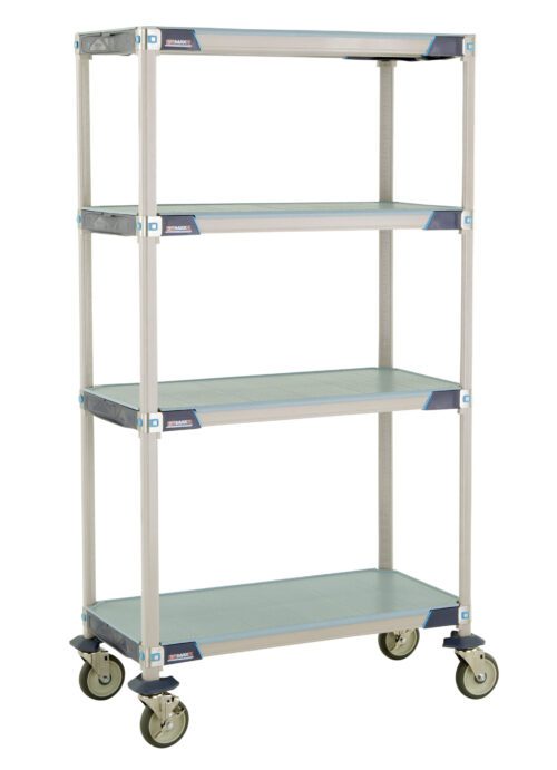 The MetroMax i X336EFX3 Mobile Cart features solid shelves on a sturdy frame, measures 18 x 36 x 67.3125, and is designed for ease of transport with four wheels, providing ample storage space.
