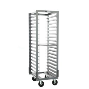The Metro RD15NA37A120 End-Load Pan Rack, measuring 20.5 x 24 x 63.75, features a tall metal, rectangular frame with gray corner bumpers and pan stop. It has 3 slide spacing and large wheels for mobility, while its open structure allows easy access to contents.