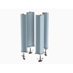 Four tall, light blue, cylindrical structures with black clamps at their bases resemble the Metro AD11A Adjustable Poker Chip Dish Dolly Divider Kit for PCD11A. Theyre evenly spaced, parallel to each other against a white background.