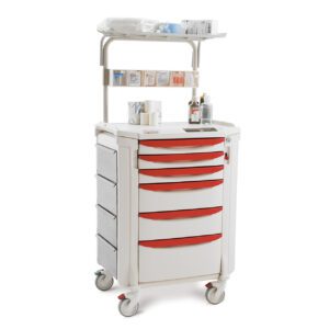 The Metro FLXCCU1 Flexline Critical Care Cart is a portable medical cart featuring red handles, multiple drawers, an overhead shelf with medical supplies, containers, and paper towels, along with assorted bottles and dispensers on top.