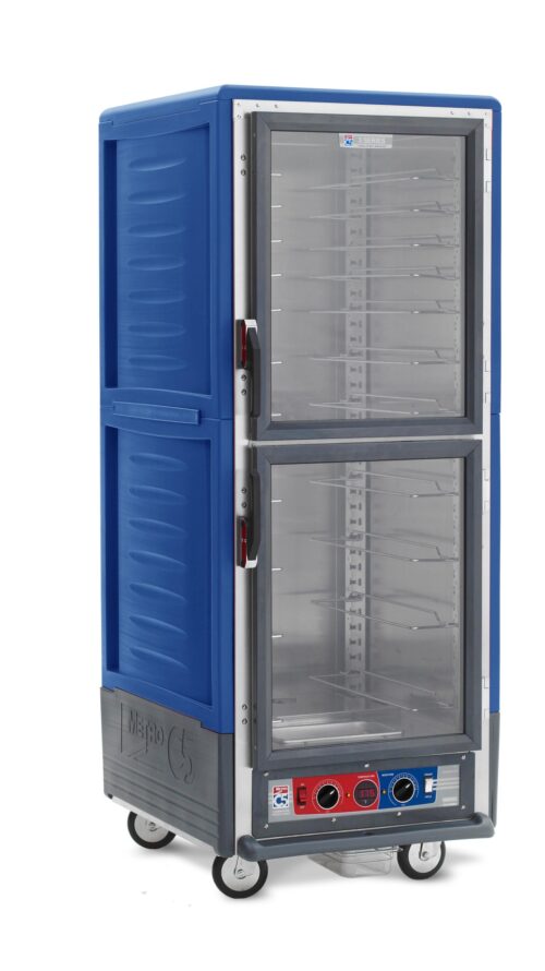 The Metro C539-CLDC-U-BUA is a full-height, blue insulated holding/proofing cabinet with Dutch Clear Doors and Universal Wire Slides, featuring bottom temperature controls, wheels for easy transport, and multiple shelves for storing food items.