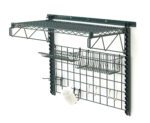 The Metro SWK36-1A1-SR SmartWall Complete Wall Shelving Sink Kit features a wire grid storage rack, top shelf, sliding basket, hooks, and holder. This black metal unit efficiently organizes tools or accessories in any workspace.