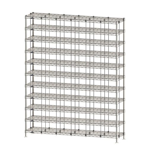 The Metro CRLS16NSBS Gowning Room Bootie and Shoe Rack, measuring 14 W x 60 L x 74 H, is a tall metal shelving unit with eight wire shelves, showcasing a grid-like pattern for easy access and visibility.