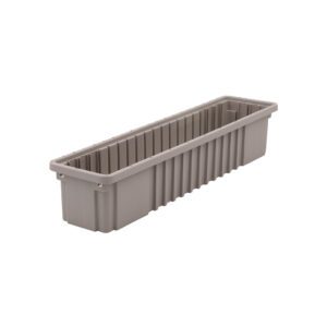 A long, rectangular ribbed planter box made from natural gray polypropylene with smooth rim and raised base matches the aesthetic of a Metro TB95050NAT Polypropylene Tote, Natural Gray, 26.25 x 6.25 x 5, perfect for gardening or plant displays.