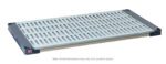 The MetroMax 4 MAX4-2424G Plastic Industrial Shelf with Grid Mat, measuring 24 x 24, features a slatted design for drainage in a gray and white scheme, reinforced by dark gray corner pads. Note: Actual dimensions may vary from product shown.