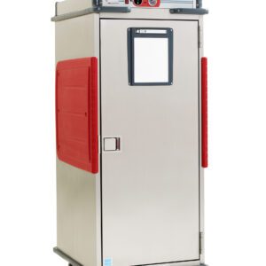 The Metro C5T9X-ASLA C5 T-Series Heated Transport Cabinet is a full-height stainless steel unit with red side panels. It features adjustable lip load slides, a digital control panel, a temperature gauge, and glides on four wheels, with a windowed door and latch handle for secure closure.