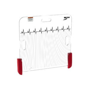 The Metro LEC308RD Backboard with Red Front Assembly Kit displays a heartbeat-like jagged black line, top handle, red corner caps, and the Metro brand in the top right corner. Its designed to complement Lifeline and Flexline carts.