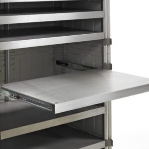 The Metro SXR2416FSQ-KD Starsys XD Solid Surface Shelving, Fixed, for Single Wide Cabinets is a metal server rack with multiple shelves, including a sliding rail pull-out. The empty rack is set against a plain white background.