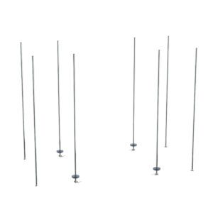 Seven slim, chrome rods stand upright on a white background, reminiscent of a Metro BTEC qwikTRAK Stationary End Unit Kit for Super Erecta Wire Shelving. Each rod is fixed to a small round base.