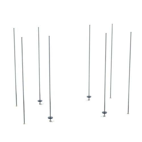 Seven slim, chrome rods stand upright on a white background, reminiscent of a Metro BTEC qwikTRAK Stationary End Unit Kit for Super Erecta Wire Shelving. Each rod is fixed to a small round base.